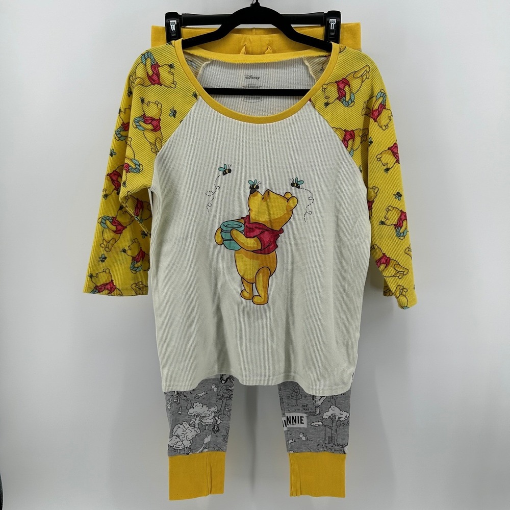 Disney Winnie the Pooh Pajama Set Waffle Knit Top Map Joggers S/M Loungewear